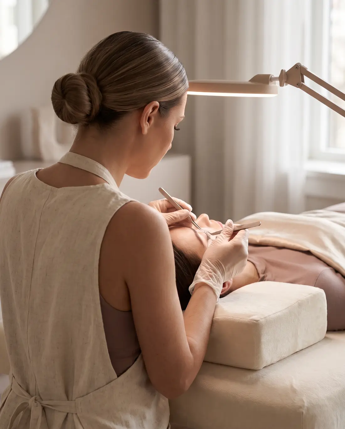 Lash artist working precisely on a client