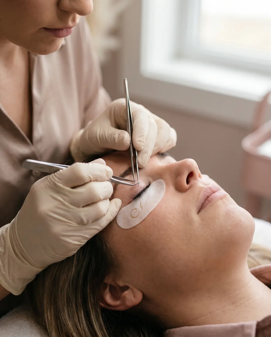 Lash artist placing a single extension with fine tweezers