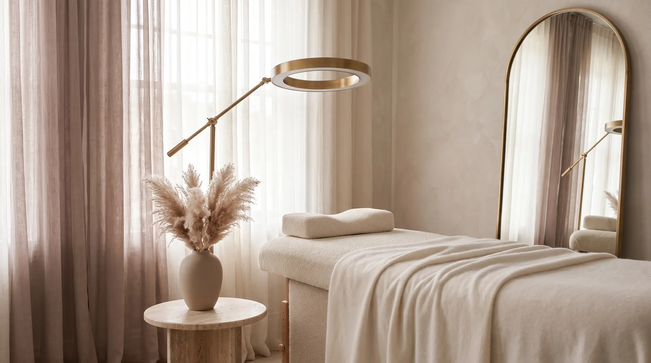 Calm, minimalist lash studio with cream lash bed and warm lamp