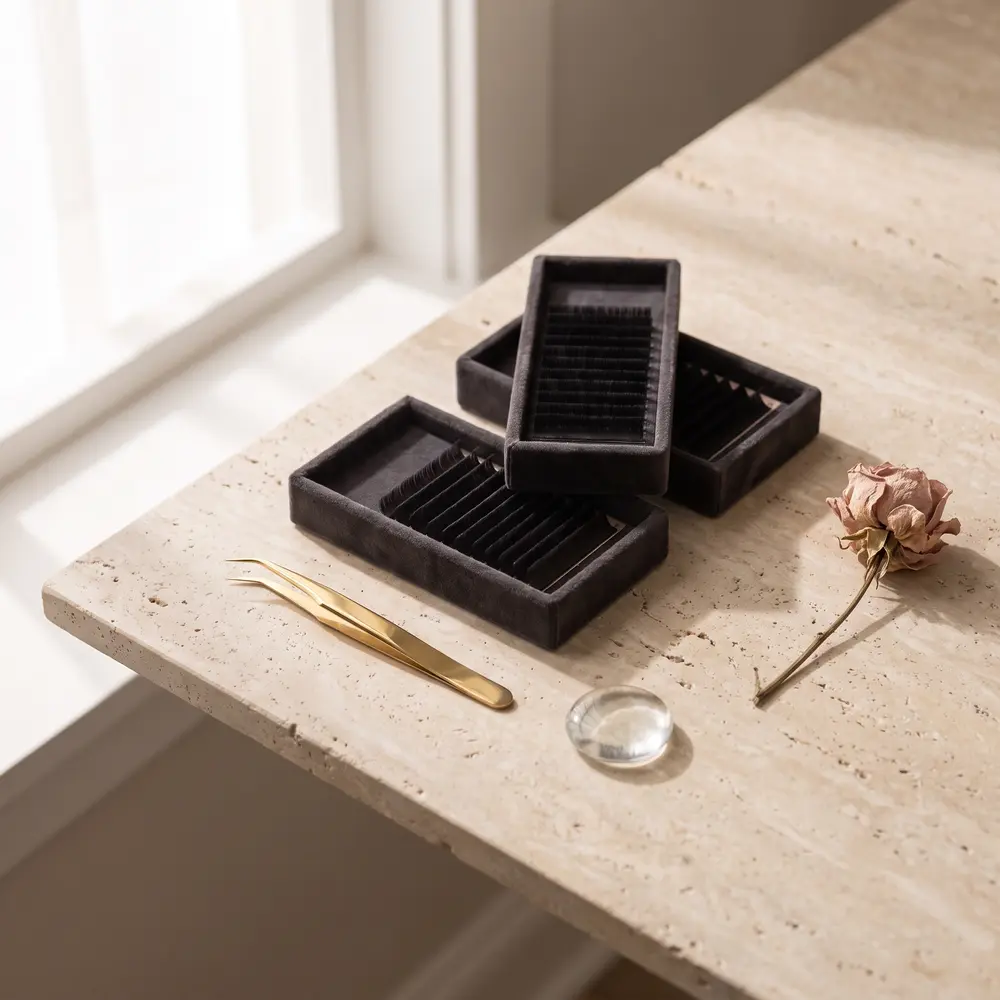 Gold tweezers and lash trays on travertine